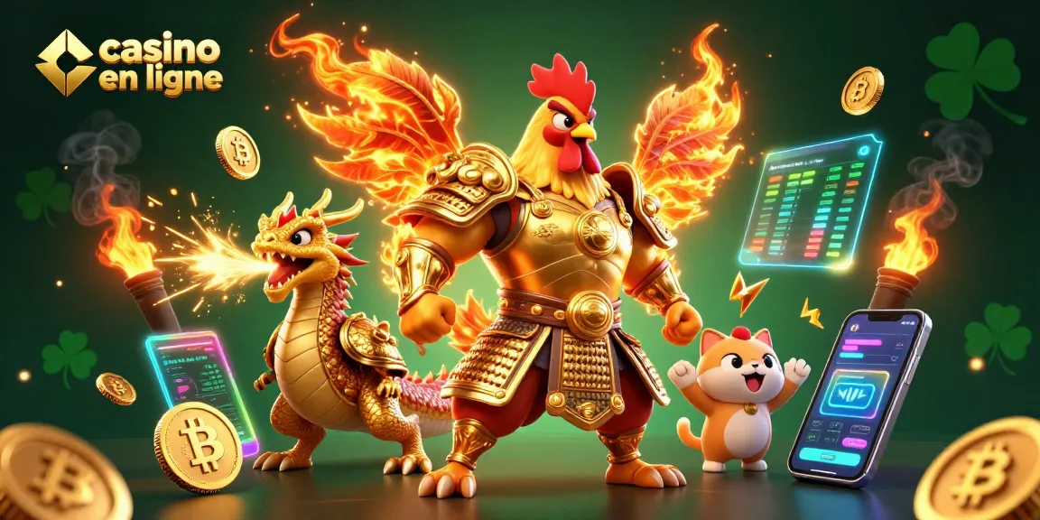 Profitez des gains du casino en ligne avec un guerrier coq et un dragon dans une scène dynamique.