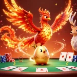 Casino en ligne : illustration dynamique d'un phénix et éléments de poker captivants.