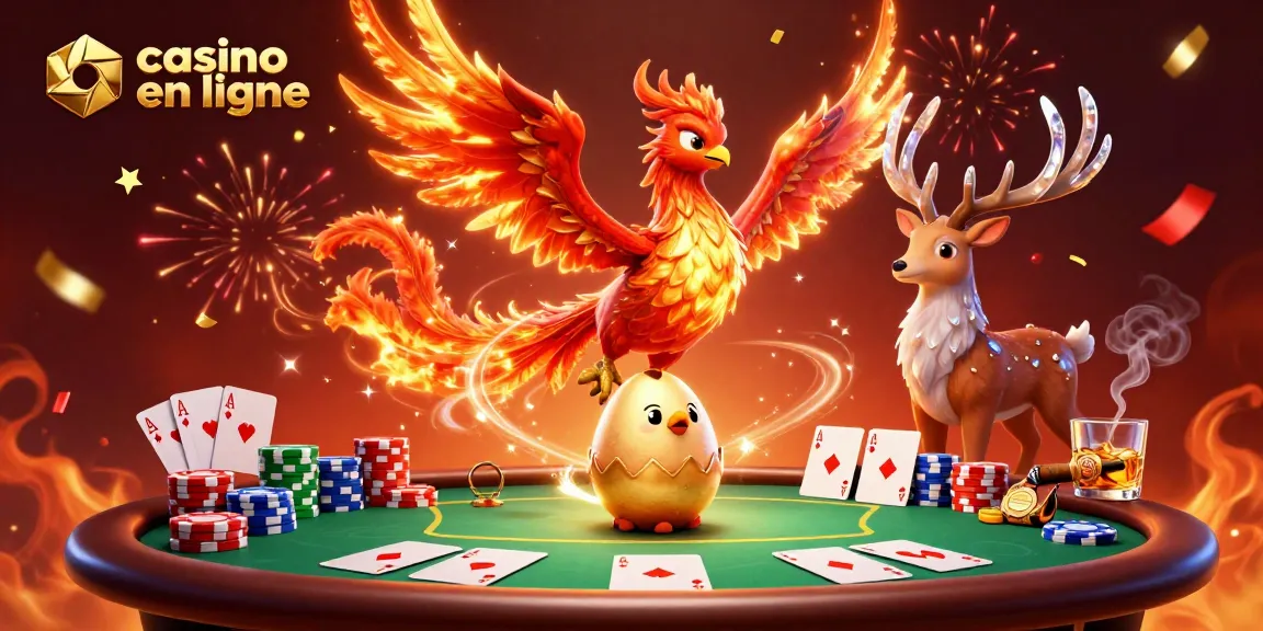 Casino en ligne : illustration dynamique d'un phénix et éléments de poker captivants.