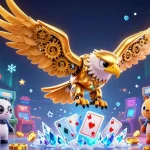 Plongez dans l'univers du site de paris sportif avec un aigle cyborg doré au milieu de cartes holographiques.