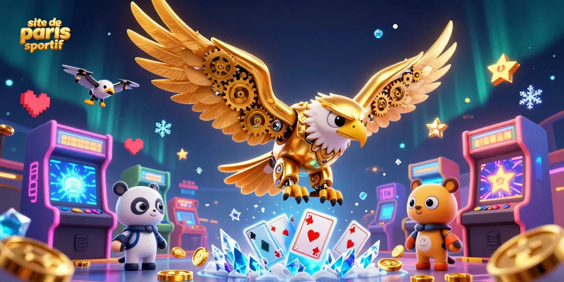 Plongez dans l'univers du site de paris sportif avec un aigle cyborg doré au milieu de cartes holographiques.