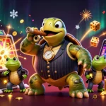 Expérimentez l'excitation des casinos en ligne avec cette scène captivante de personnages animés entourés de machines à sous et de trésors.