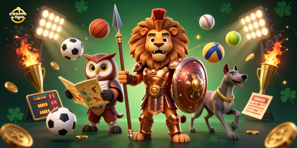 Attirez votre attention sur les aventures du casino en ligne avec un lion spartiate héroïque et un hibou stratège.