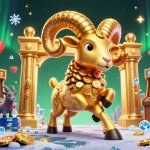 Déclenchez la magie du casino en ligne avec une illustration 3D captivante d'un bélier doré en pleine charge, entouré d'éléments de jeu