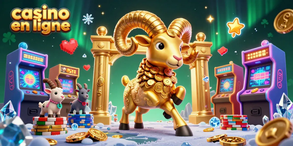 Déclenchez la magie du casino en ligne avec une illustration 3D captivante d'un bélier doré en pleine charge, entouré d'éléments de jeu