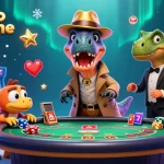 Casino en ligne : illustration 3D animée d'un raptor essayant de jouer au blackjack tout en étant surveillé par un pit boss.