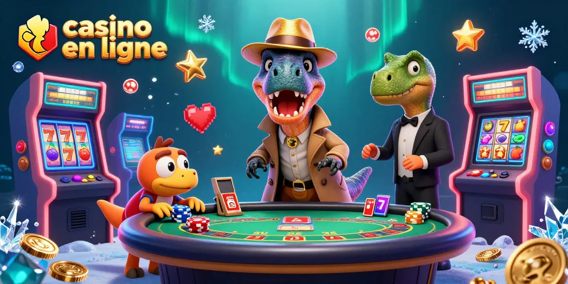 Casino en ligne : illustration 3D animée d'un raptor essayant de jouer au blackjack tout en étant surveillé par un pit boss.