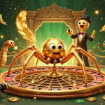 Gioca ai nuovi casino online con una scena vivace di un ragno d'oro e un croupier centopiedi.