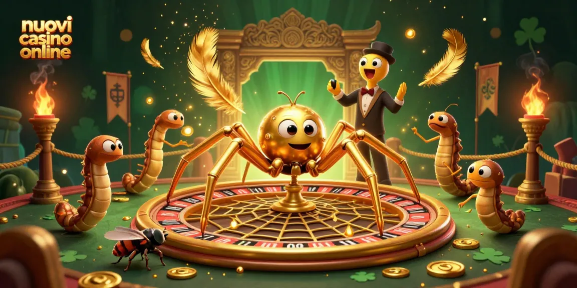 Gioca ai nuovi casino online con una scena vivace di un ragno d'oro e un croupier centopiedi.