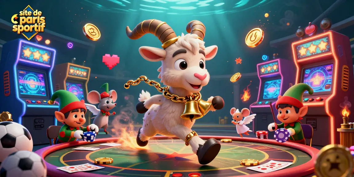 Illustrez le site de paris sportif avec un Krampus cartoon dirigeant un casino, un petit ange, et des elfes malicieux.