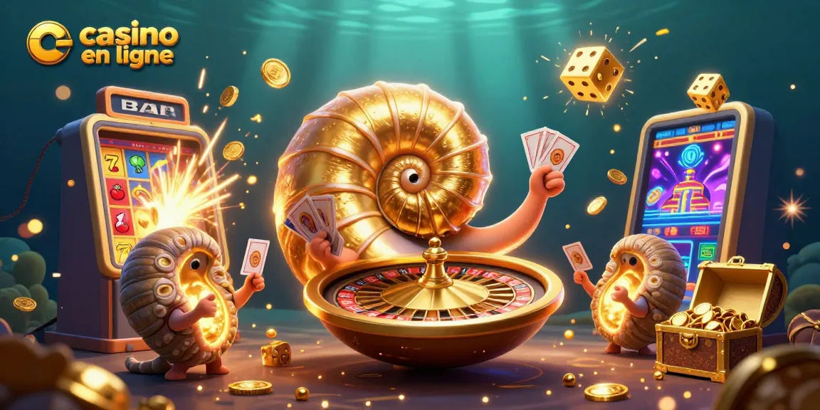 Améliorez votre jeu avec ce casino en ligne dynamique illustrant un nautilus géant et des machines à sous.