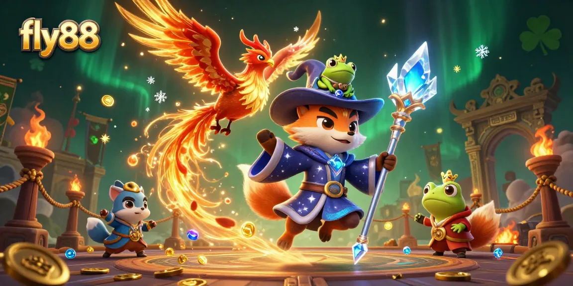 Experience thrilling gambling action with fly88, featuring a mystical fox wizard and phoenix in a dynamic casino arena.