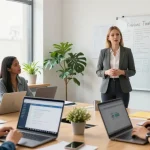 Arbeitskultur bewerten durch Feedback-Workshops mit Führungskräften in einem modernen Büro.