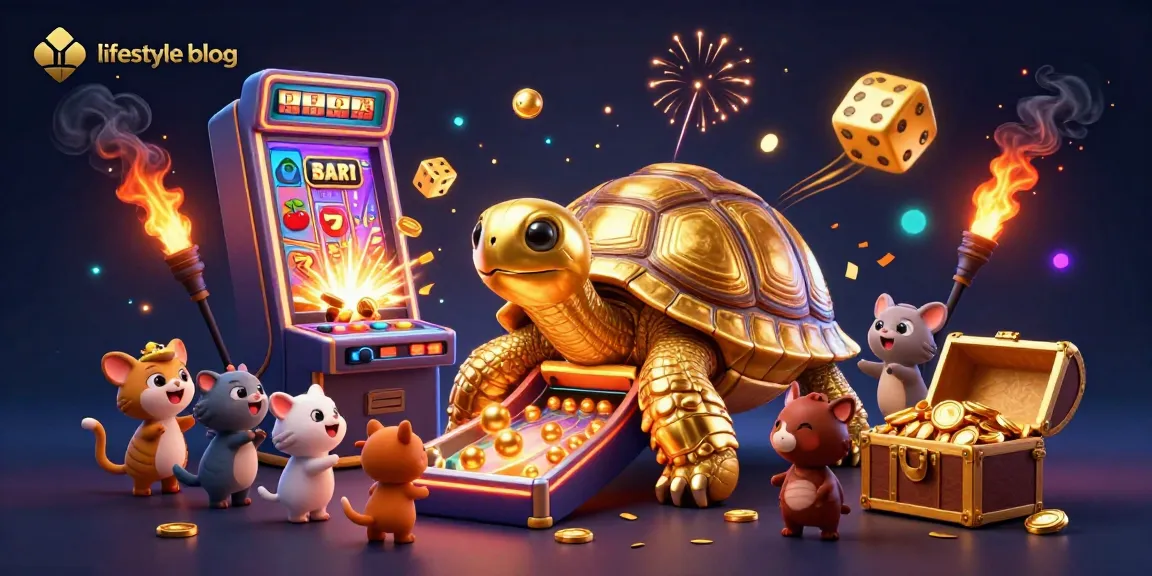 Engage with vibrant casino fun on this lifestyle blog-inspired illustration of a golden tortoise gaming scene.