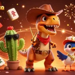 Join the excitement at game5banca with a thrilling scene featuring a T-Rex cowboy alongside casino-themed elements.