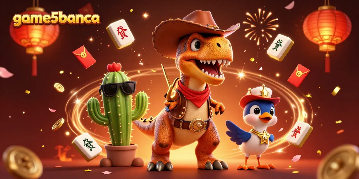 Join the excitement at game5banca with a thrilling scene featuring a T-Rex cowboy alongside casino-themed elements.