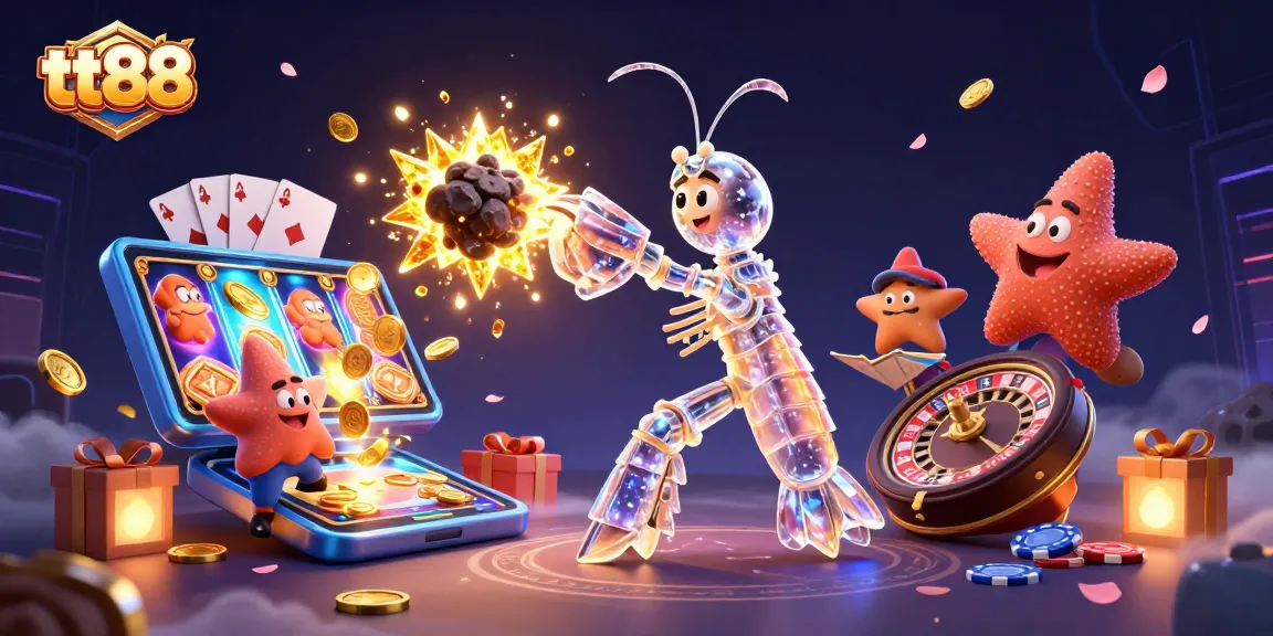 Engage in thrilling gaming action with tt88 as a galactic mantis shrimp battles asteroids for gems and coins.