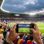 Nonton bola secara langsung di stadion dengan penggemar merayakan momen pertandingan.