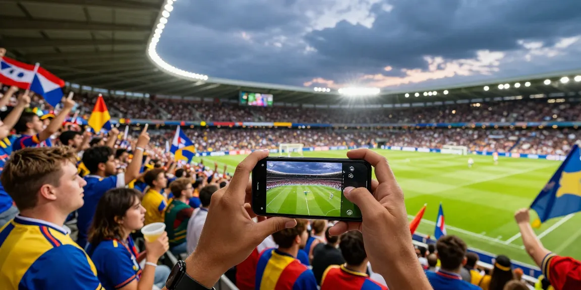 Nonton bola secara langsung di stadion dengan penggemar merayakan momen pertandingan.