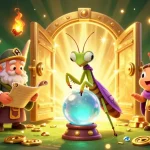 Engage in the thrilling world of fishprawncrabs, showcasing a mystical scene with fortune teller and riches.