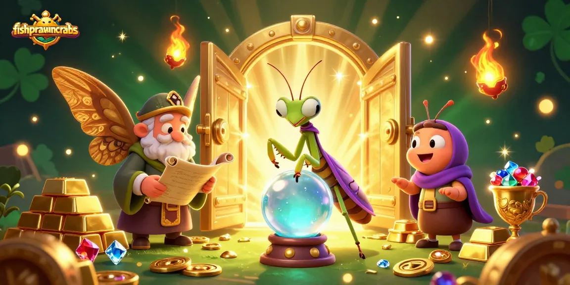 Engage in the thrilling world of fishprawncrabs, showcasing a mystical scene with fortune teller and riches.