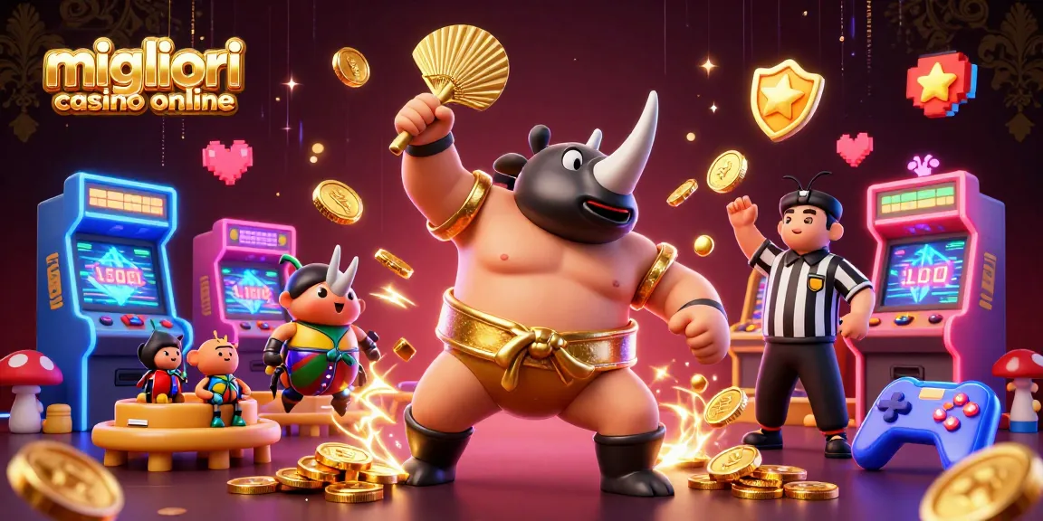 Migliori casino online: Un potente rinoceronte carabidae campione di sumo mentre lancia monete d’oro in un vivace ambiente di gioco.