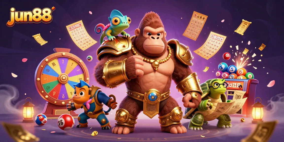 Engage in thrilling gameplay with jun88, featuring vibrant lottery balls flying around a king gorilla.