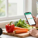 The best calorie tracker app displayed on a smartphone in a bright kitchen with fresh vegetables, promoting healthy eating.