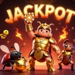 Permainan iramatogel dengan karakter kumbang dalam armor emas menang dan simbol jackpot bersinar di udara.
