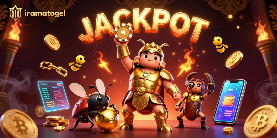 Permainan iramatogel dengan karakter kumbang dalam armor emas menang dan simbol jackpot bersinar di udara.