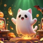 Experience the excitement of situs slot gacor77 with a lively 3D illustration featuring a ghost cat, bat, and glowing poker pumpkins.