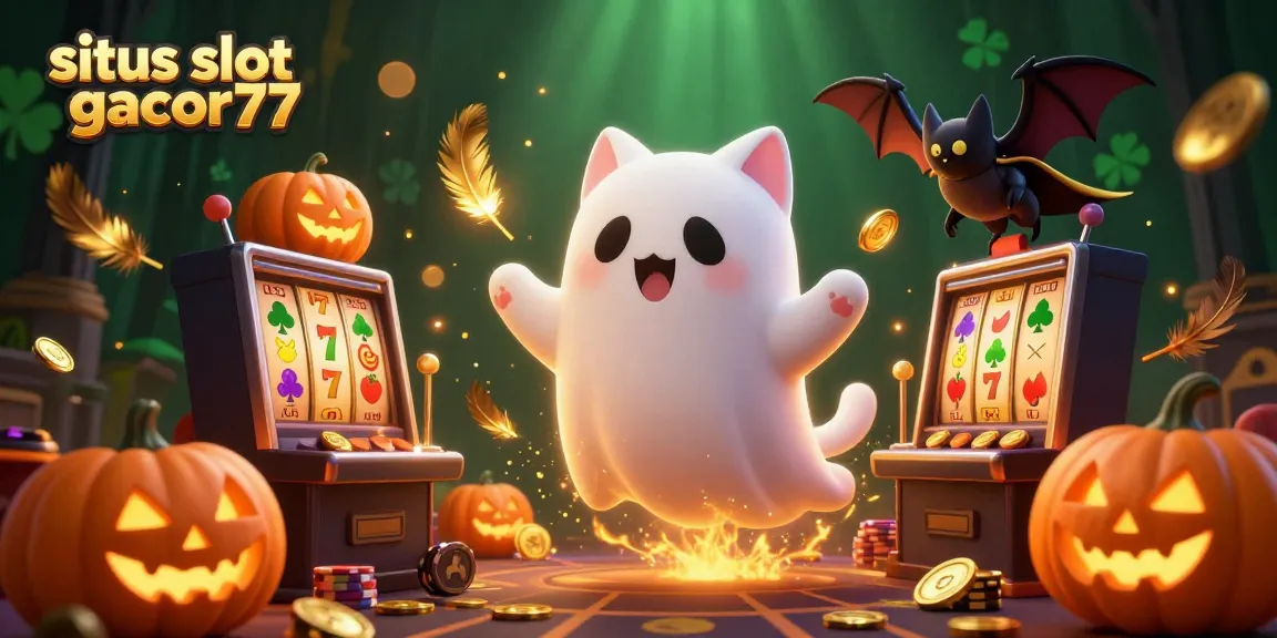 Experience the excitement of situs slot gacor77 with a lively 3D illustration featuring a ghost cat, bat, and glowing poker pumpkins.