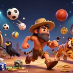 Engage with slot88 gacor at a lively prehistoric casino featuring a caveman, sabertooth tiger, and dynamic sports elements.