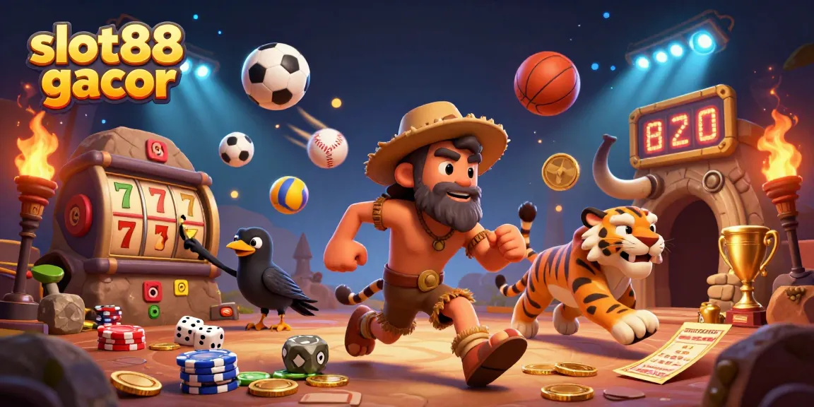 Engage with slot88 gacor at a lively prehistoric casino featuring a caveman, sabertooth tiger, and dynamic sports elements.