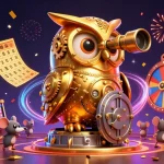 Illustration d'un casino en ligne avec un hibou doré et des balles de loterie colorées.