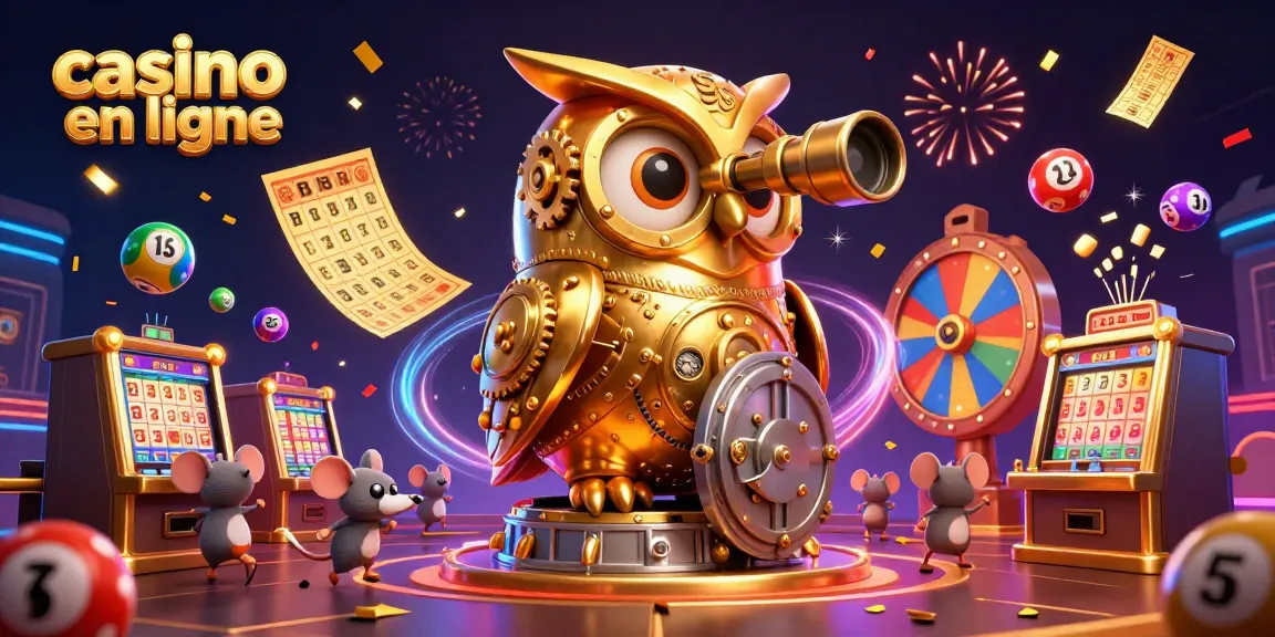 Illustration d'un casino en ligne avec un hibou doré et des balles de loterie colorées.
