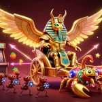 Jouer au casino en ligne avec une illustration colorée de machines à sous et d'un scarabée doré.