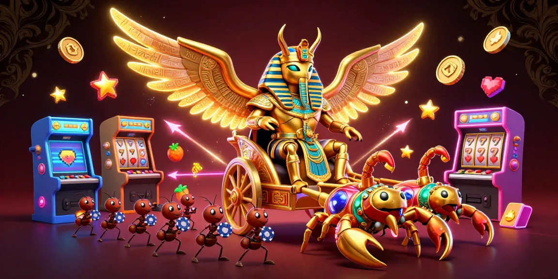 Jouer au casino en ligne avec une illustration colorée de machines à sous et d'un scarabée doré.