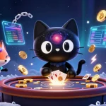 Jouez sur le casino en ligne avec un chat noir et une renarde nébuleuse attirant des jetons d'or.