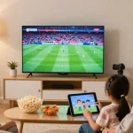 Famille profitant de l'iptv dans un salon chaleureux avec télévision et appareils.