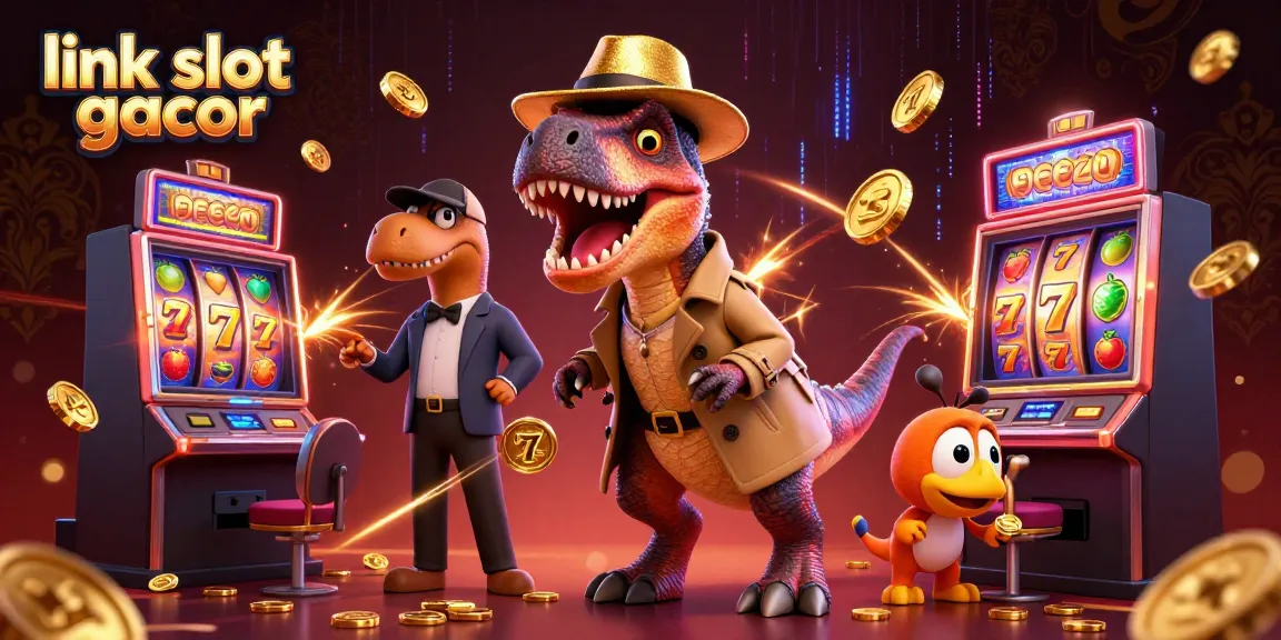 Visualisasi link slot gacor dengan velociraptor curang dan pit boss yang mengawasi dalam kasino.