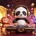 Jouer au meilleur casino en ligne avec un panda DJ et des personnages colorés en pleine fête.
