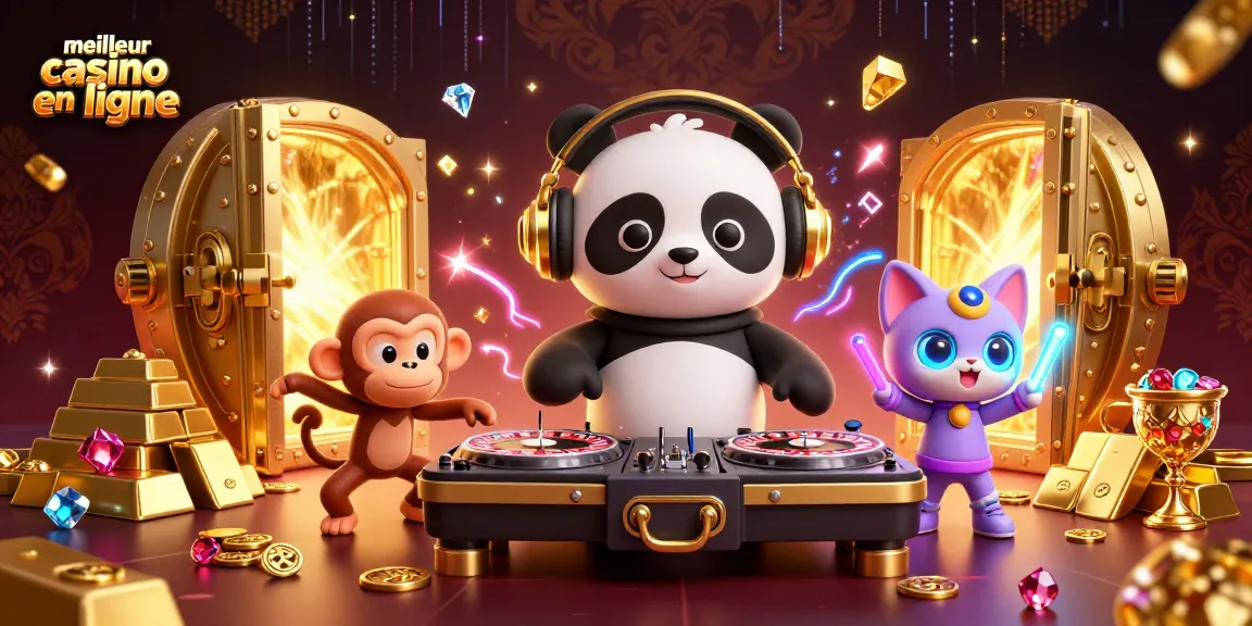 Jouer au meilleur casino en ligne avec un panda DJ et des personnages colorés en pleine fête.