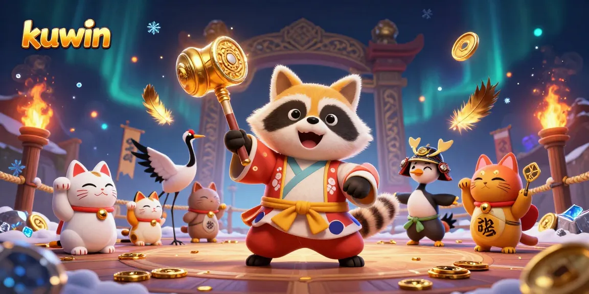 Experience winning moments with kuwin's dynamic casino-themed illustration featuring cheerful characters and game elements.