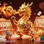 Bermain di thor138 dengan naga emas mekanik yang menakjubkan dan simbol slot jackpot berkilau.
