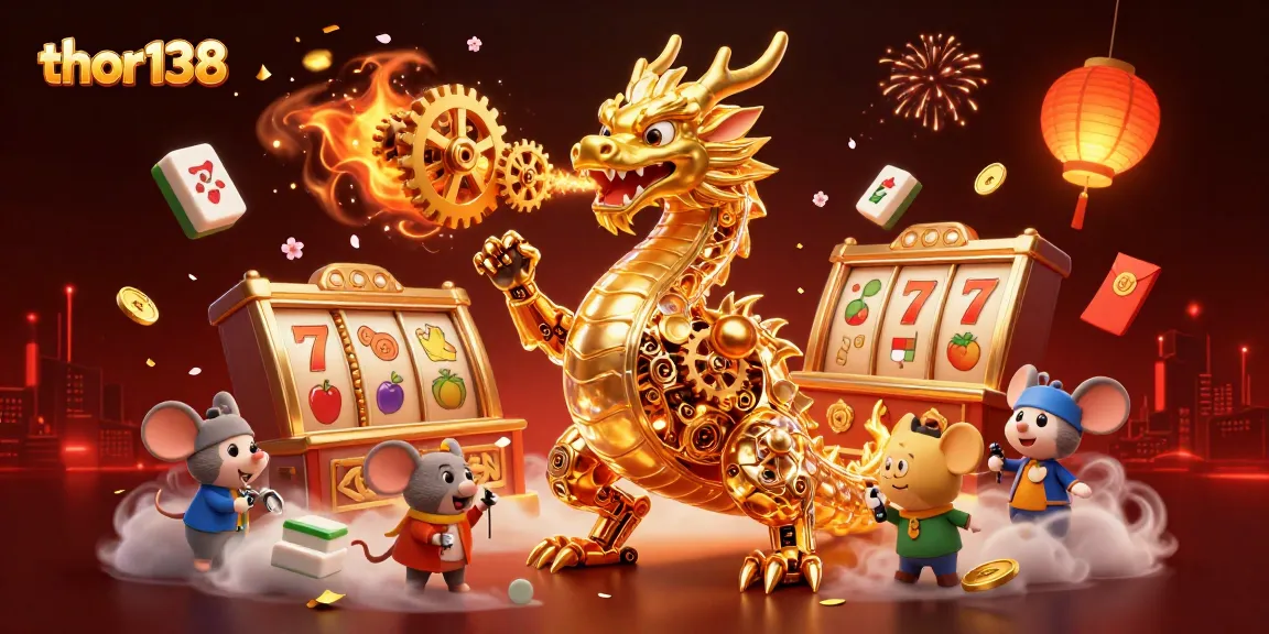 Bermain di thor138 dengan naga emas mekanik yang menakjubkan dan simbol slot jackpot berkilau.