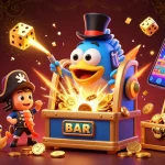 Pola pragmatic hari ini showcases an exciting jackpot scene with colorful characters, slot machine sparks, and treasures, capturing attention in online gambling.