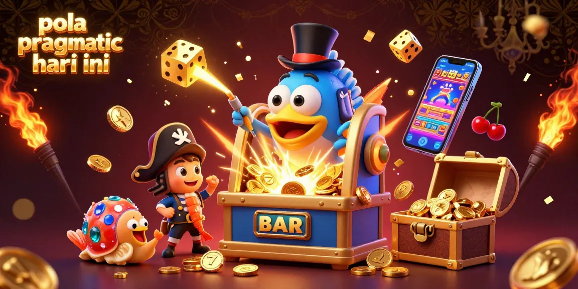 Pola pragmatic hari ini showcases an exciting jackpot scene with colorful characters, slot machine sparks, and treasures, capturing attention in online gambling.