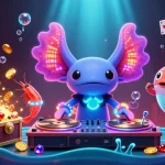 Vivez l'excitation des jeux de casino en ligne avec un DJ axolotl vibrant entouré d'éléments marins colorés.