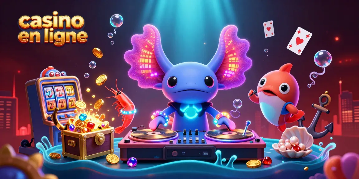 Vivez l'excitation des jeux de casino en ligne avec un DJ axolotl vibrant entouré d'éléments marins colorés.